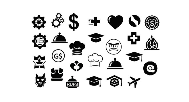 Collection of black icons on white background with icons arranged six rows plain white diverse collection university education transport with graduate
