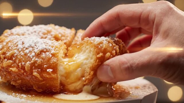 Closeup of a fried ice cream dessert, powdered sugar, and honey drizzle, with steam and bokeh lights