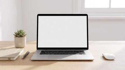 Fototapeta premium Modern Laptop with Blank Screen on Minimal Desk – Clean Workspace Mockup