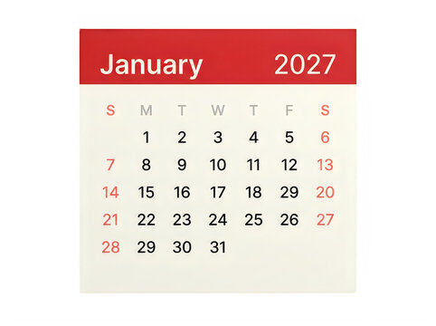 January 2027 calendar page with days of the week and dates transparent background