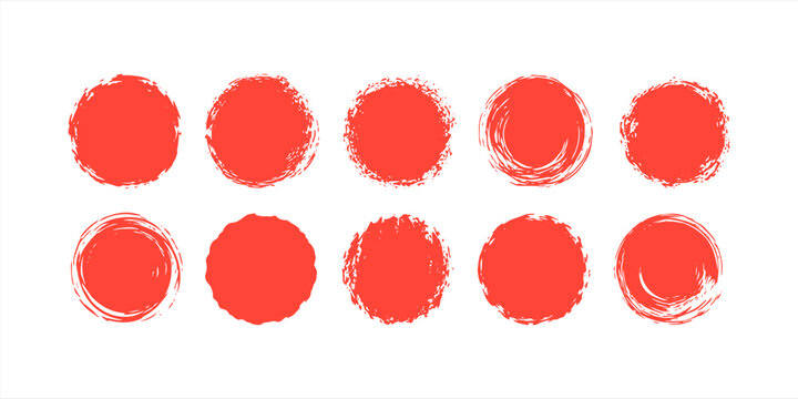 Handmade grunge circle stamp collection with rough ink brush imprint and distressed round texture set