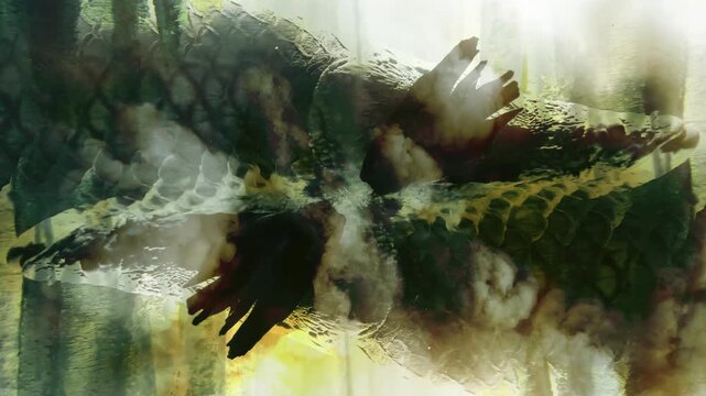 Mystical arapaima spirit emerging through ceremonial smoke.