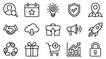 Minimalist Black and White Line Icons Set Featuring Business Technology E Commerce and Security Concepts © Kaisar