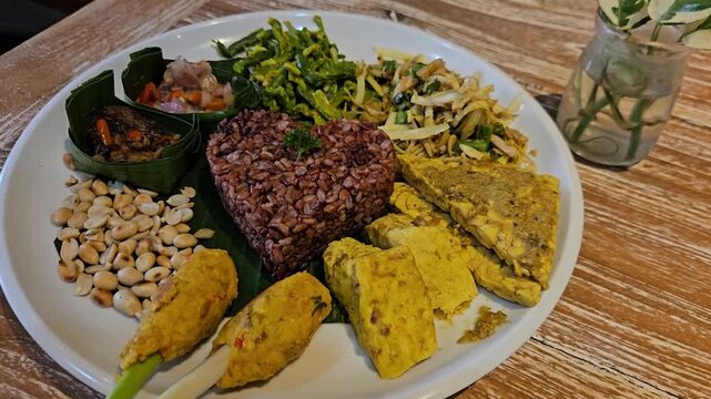 Camera panning over a traditional Balinese Nasi Campur vegetarian meal with heart-shaped red rice and tempeh in a Bali cafe. Commercial food video.
