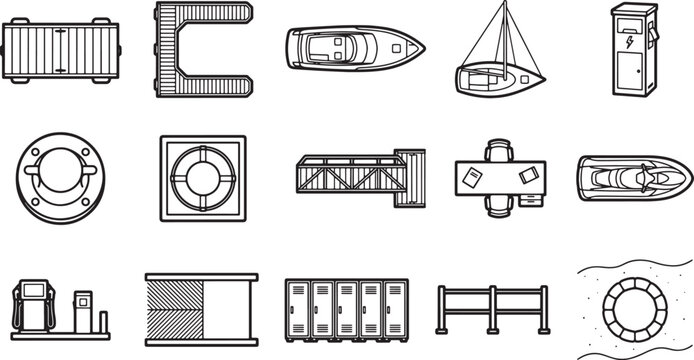 Set of marina and harbor infrastructure icons in top view outline style for nautical design projects
