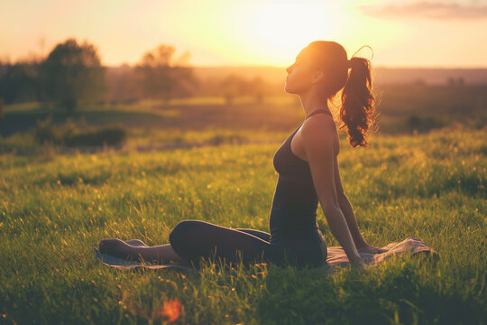 Woman doing yoga on grass in sunrise light for calm fitness moment  