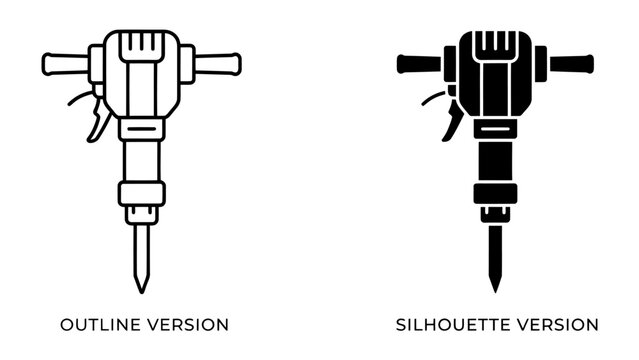 Jackhammer Icon Set: A set of jackhammer icons presented in both outline and silhouette versions, symbolizing construction, demolition, and heavy-duty work.