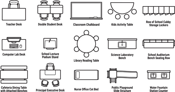 Top view school furniture icons set featuring classroom desks tables and educational facility equipment in line art