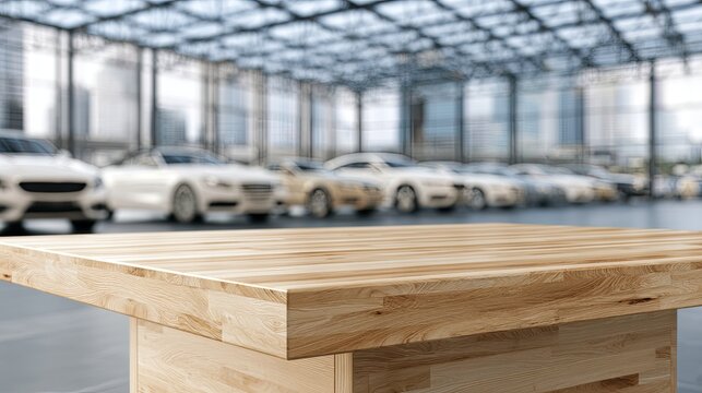 Wooden table foreground, blurred luxury vehicles in showroom background