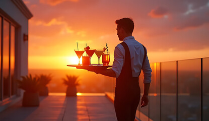 Fototapeta premium Waiter serving cocktails on a rooftop. Professional server carrying drinks. Luxury hospitality service.