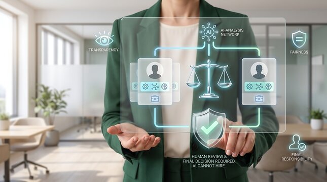 Human review required in AI recruiting network with digital scales of fairness
