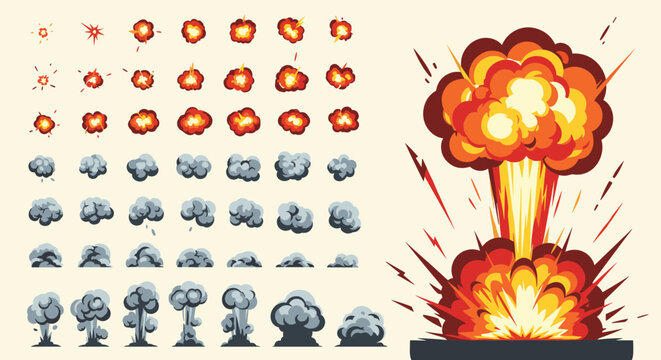 Large nuclear explosion animation sprite sheet detailing a towering burning fire mushroom cloud and smoke blasts.