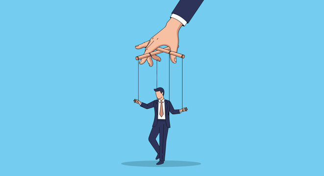 Giant hand controlling a businessman puppet with strings representing political manipulation or corporate control.