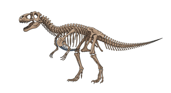 Dinosaur tyrannosaurus rex skeleton detailed anatomical cartoon vector illustration isolated on white background.