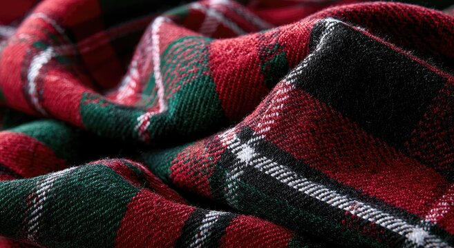 Close-up texture of a red, green, and black plaid fabric