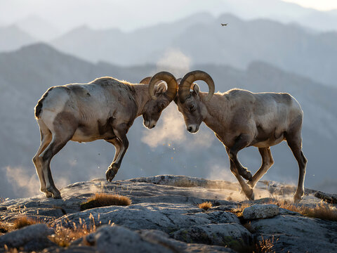 Bighorn sheep rams butting heads on rocky mountain terrain wildlife animals horns