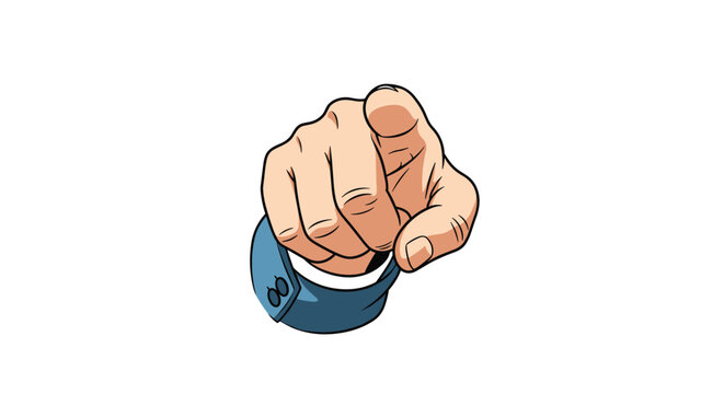 Hand in a dark blue business suit sleeve pointing index finger forward directly at the camera cartoon vector.