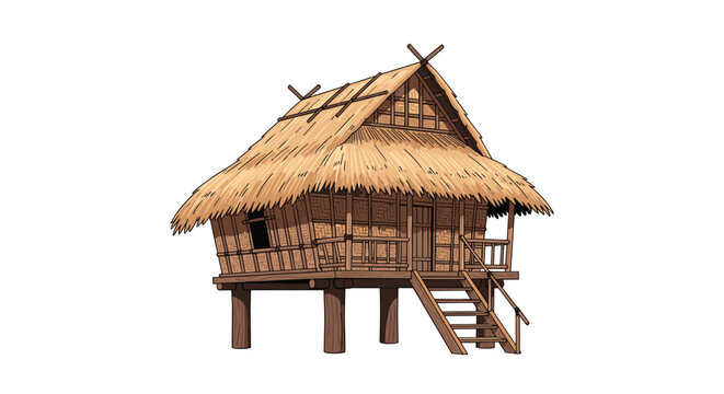 Traditional tropical stilt house made of natural wood and bamboo with a dry thatched straw roof illustration.