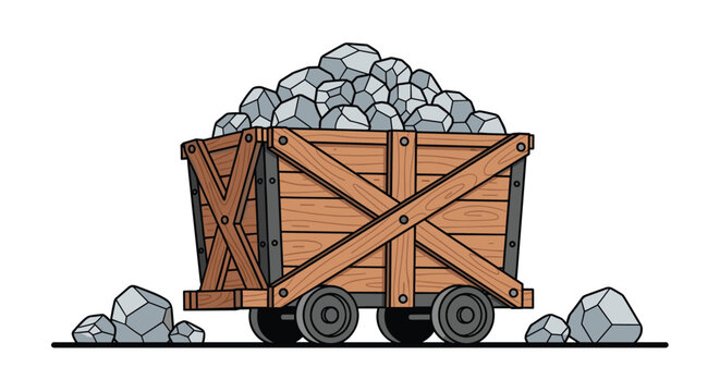 Wooden mine cart full of gray stones on metal wheels rolling over a horizontal surface against a white background.