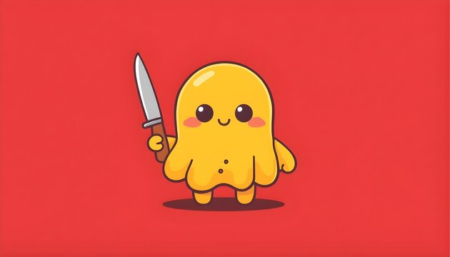 Cute yellow cartoon ghost character holding a kitchen knife