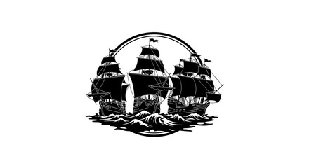 Black and white illustration of three sailing ships with masts sails surrounded surrounded waves set ships multiple transportation monochrome © Sudha