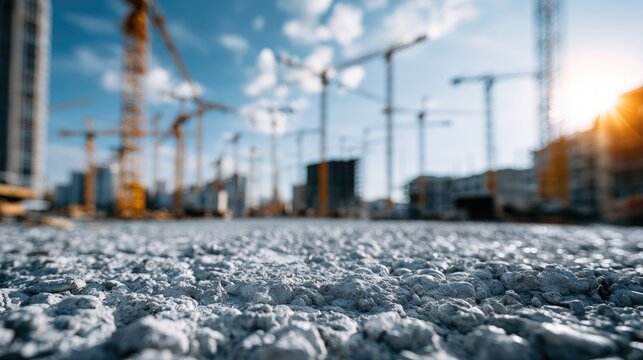 Building site at dawn, concrete foreground, towering cranes against sky