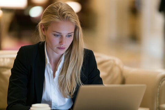 Attractive businesswoman concentrating on her laptop screen in a cafe, professional look, modern workplace environment