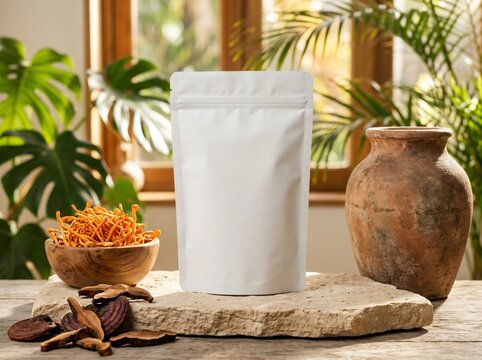 Unbranded white pouch with natural ingredients and pottery