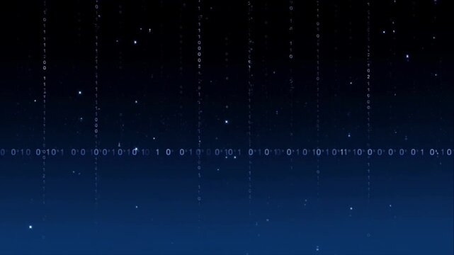 Cinematic binary data background with falling digital code rain over starry night sky and dark blue gradient glowing star field creating abstract technology matrix effect futuristic digital rain