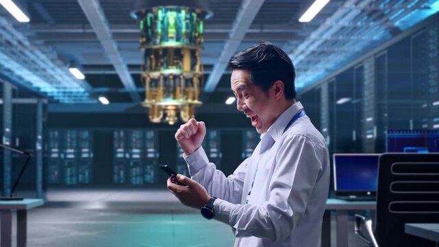 Side View Of An Asian Male Professional Worker With His Smartphone at Futuristic Quantum Computer Data Center Control Room, He Raises His Fist Up With Screaming Goal After Check On The Smartphone