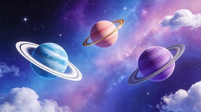 Three ringed planets in space
