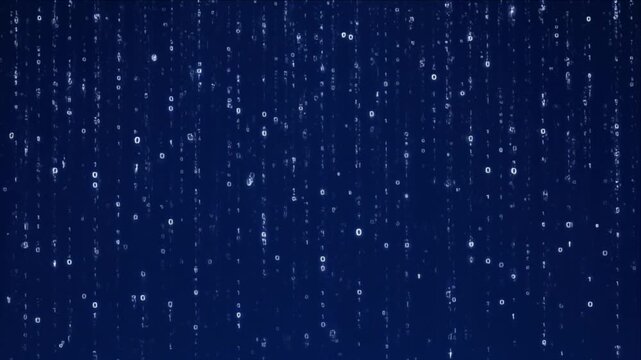 Cinematic binary data background with falling digital rain code pattern and number on dark blue night sky creating futuristic abstract technology atmosphere for modern design and concept use