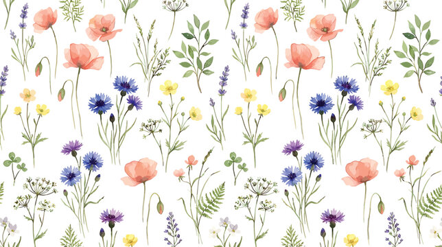 Watercolor wildflower pattern with poppies and cornflowers on white background for textile and stationery design vector illustration