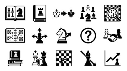 Sleek Black and White Chess Themed Icons Set Featuring Strategy Tactics and Gameplay Elements with high quality professional line art symbols for modern creative design and digital branding projects © Anyay