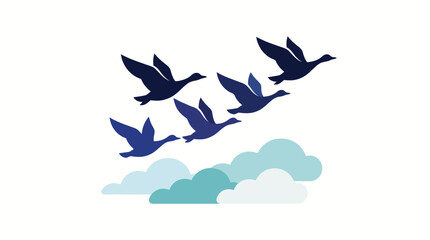 Obraz premium Flying Birds, Dark Blue Avian, Flock Formation, Cloudy Sky