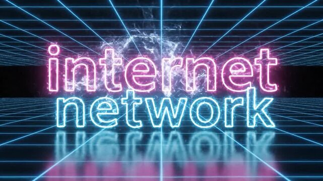 Glowing pink internet text on a blue neon grid background