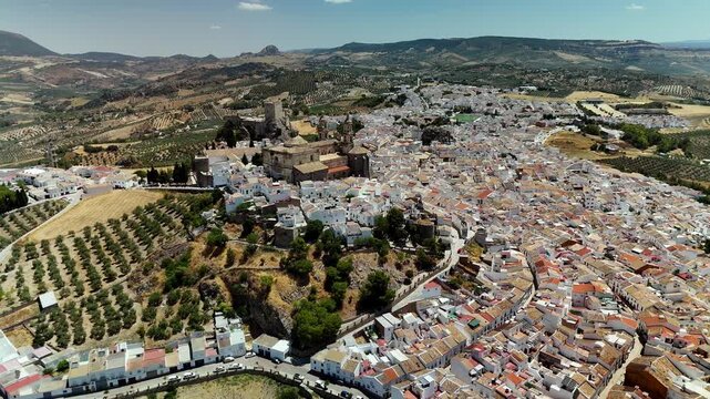 Aerial drone view of white houses and Olvera Castle, Cadiz, Andalusia