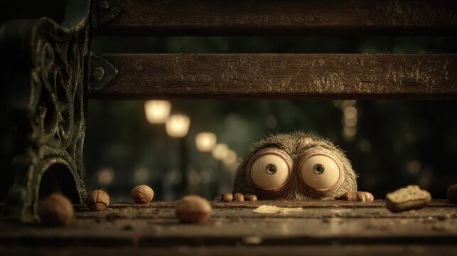 A fuzzy creature with wide, curious eyes peeking from beneath a wooden bench in a softly lit outdoor setting.