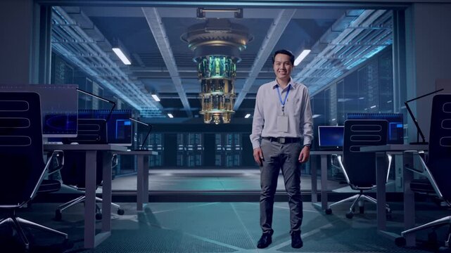 Full Body Of An Asian Male Professional Worker Standing at Futuristic Quantum Computer Data Center Control Room, He Look At The Camera And Smiling