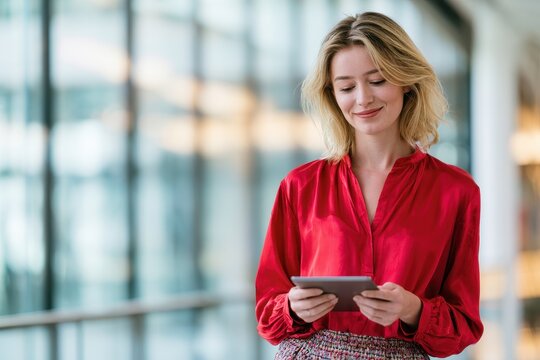 Young professional woman in a red blouse using a tablet in a modern office building
