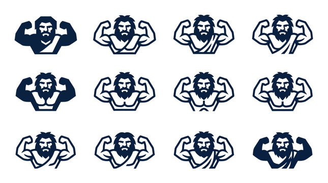 Bearded man flexing muscle variations.
