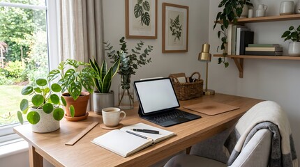 Fototapeta premium Cozy home office workspace with plants and modern decor