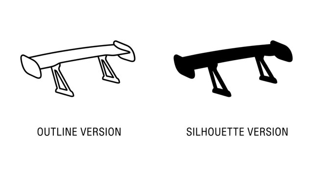 Car Spoiler Outline and Silhouette: Two distinct representations of a car spoiler, one as a clean line art outline and the other as a solid black silhouette, showcasing different design styles.