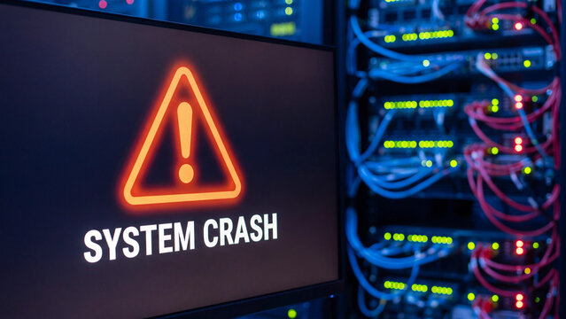 System crash warning on monitor screen with orange caution triangle beside network server rack cables showing information technology infrastructure failure