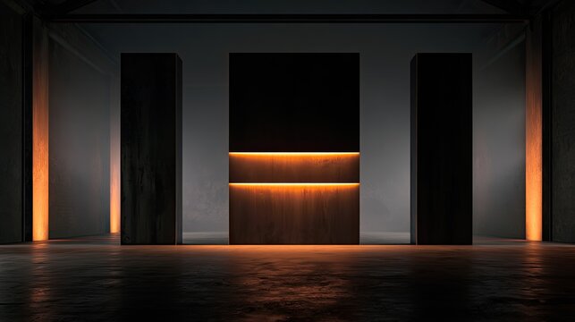 Minimalist, dark, industrial space with glowing orange architectural elements