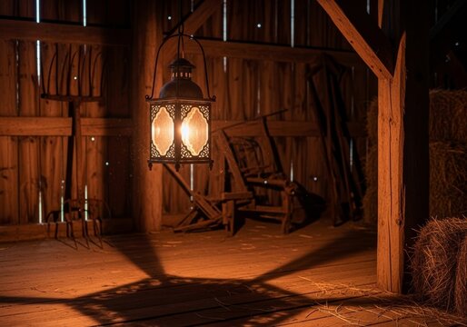 Ornate metal lantern glowing softly while hanging inside a dark rustic barn with pitchforks hay and old farm tools