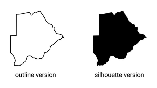 Botswana Map Outline and Silhouette: Two representations of Botswana, one as a white outline and the other as a black silhouette, presented side-by-side for clear geographical identification.