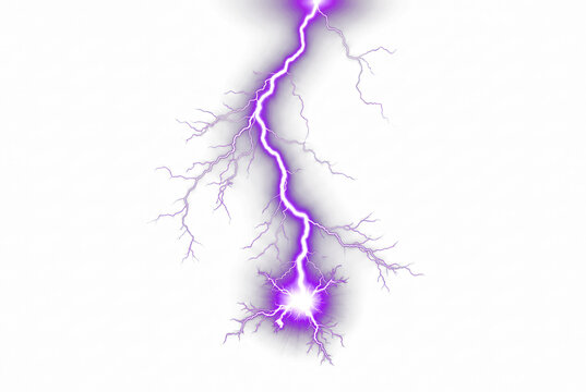 Purple lightning bolt on white background, electric discharge with glowing energy, powerful violet thunderbolt strike for design overlays