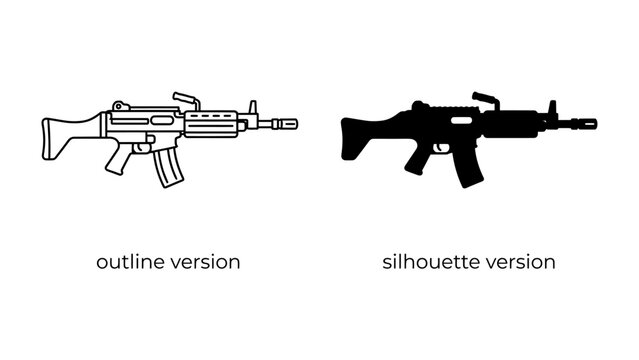 Assault Rifle Outline and Silhouette: Two depictions of an assault rifle, one as a detailed outline and the other as a solid black silhouette.