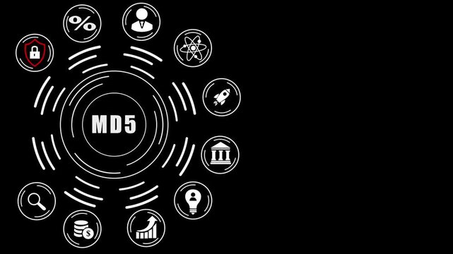 Business concept diagram with M D5 text and interconnected icons on a digital dot background education, abstract circles and gears background.4k digital Animation,video..